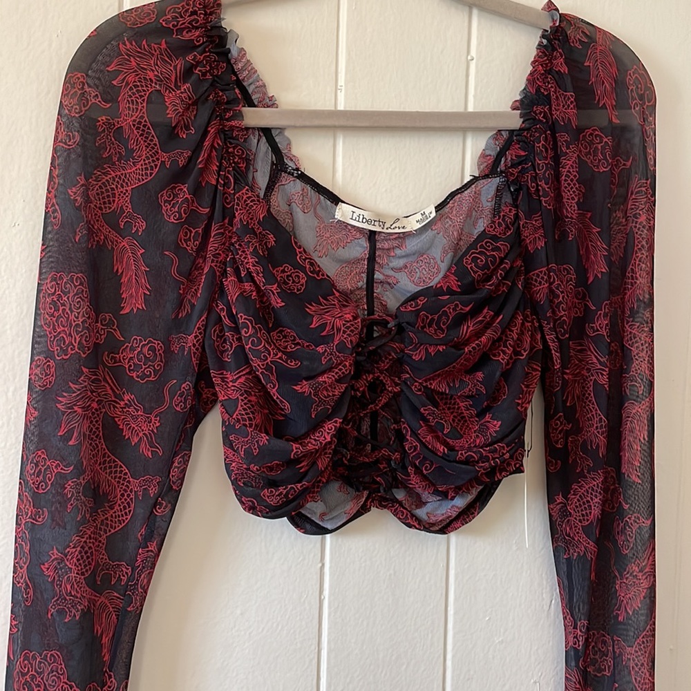 NWT. Liberty Love size medium sheer dragon black & red sexy corset crop top.